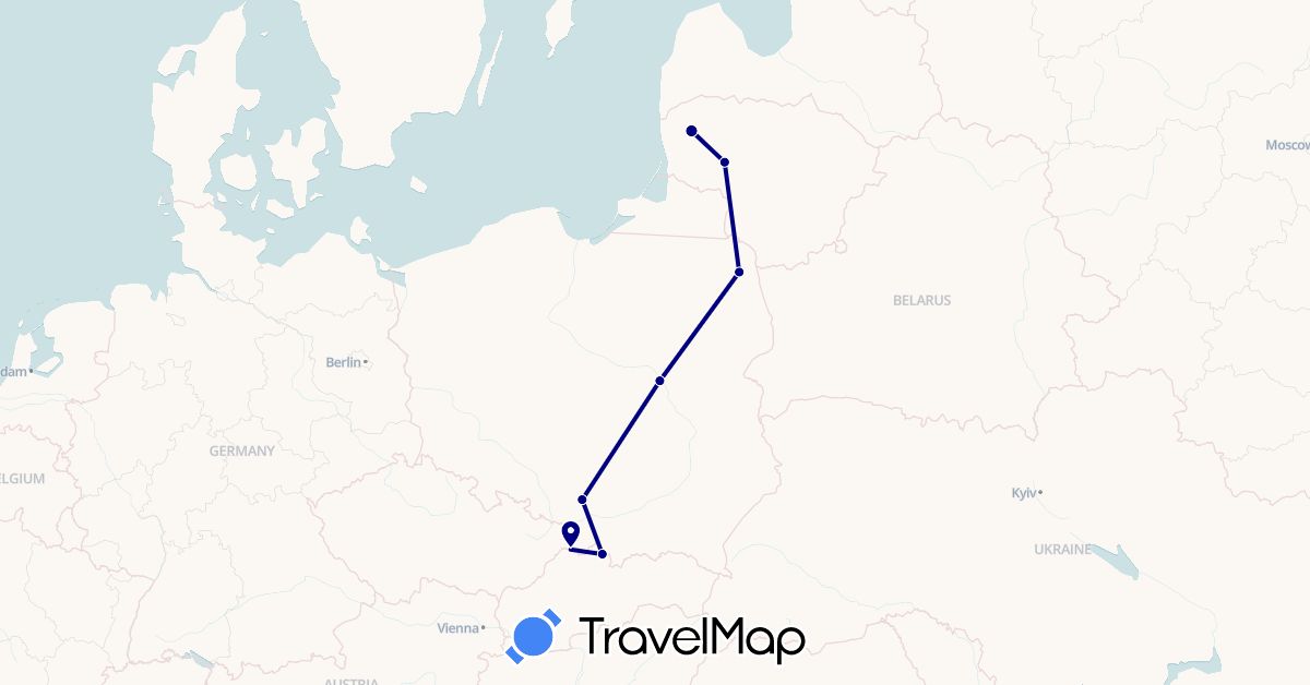 TravelMap itinerary: driving in Lithuania, Poland, Slovakia (Europe)